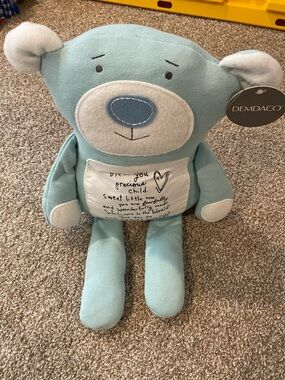 Demdaco Light Blue Plush Bear with Tummy Message weighted feet and arms